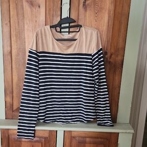 Navy and Tan Striped Women's Blouse